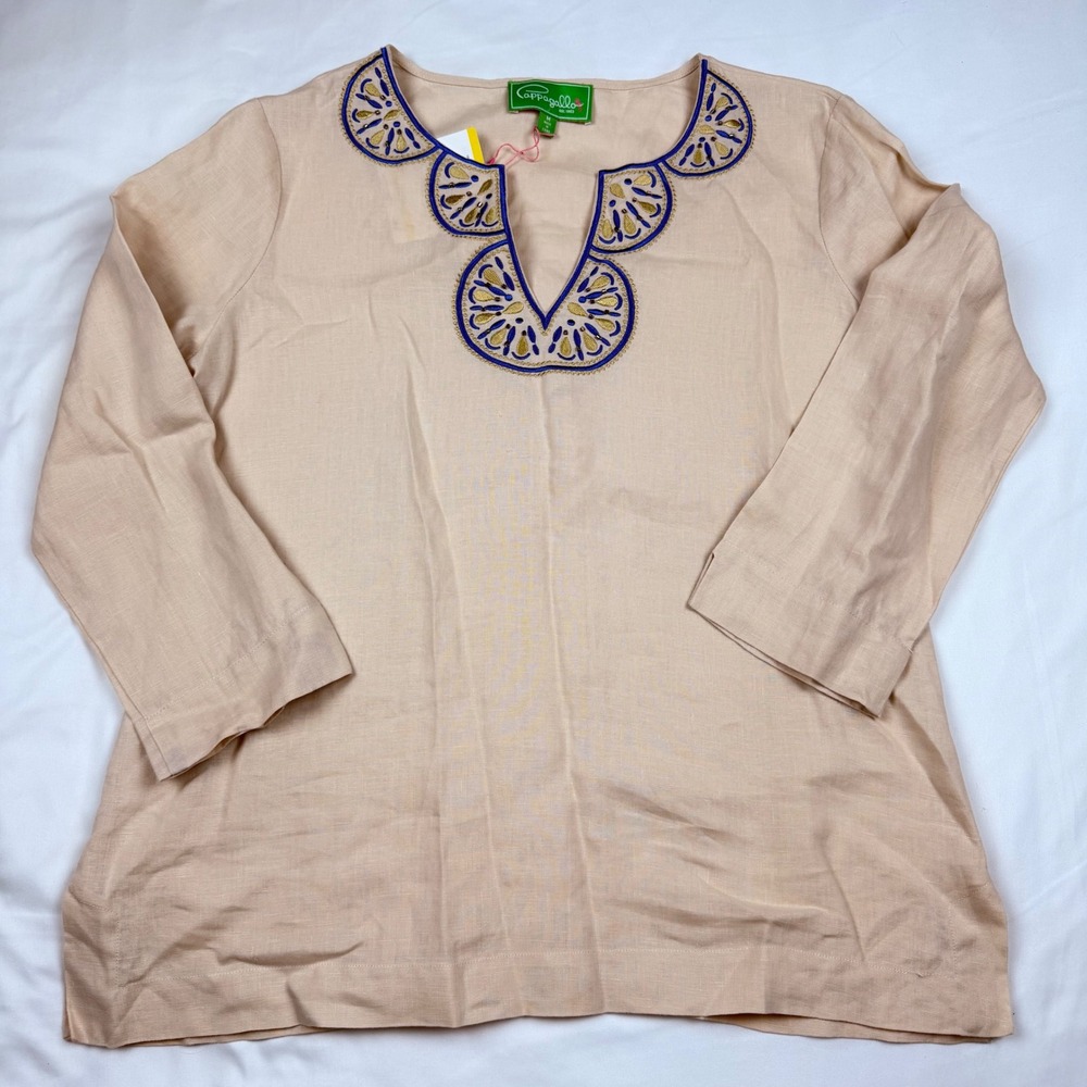 Pappagallo Womens Sand Beige 100% Linen Embroidered Beaded Tunic Top Size M NEW